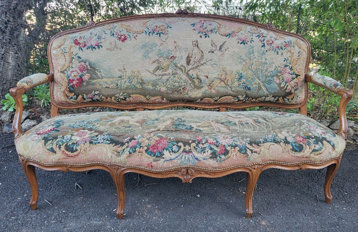 Large Louis XV Tapestry Sofa With Fables, 18th Century 