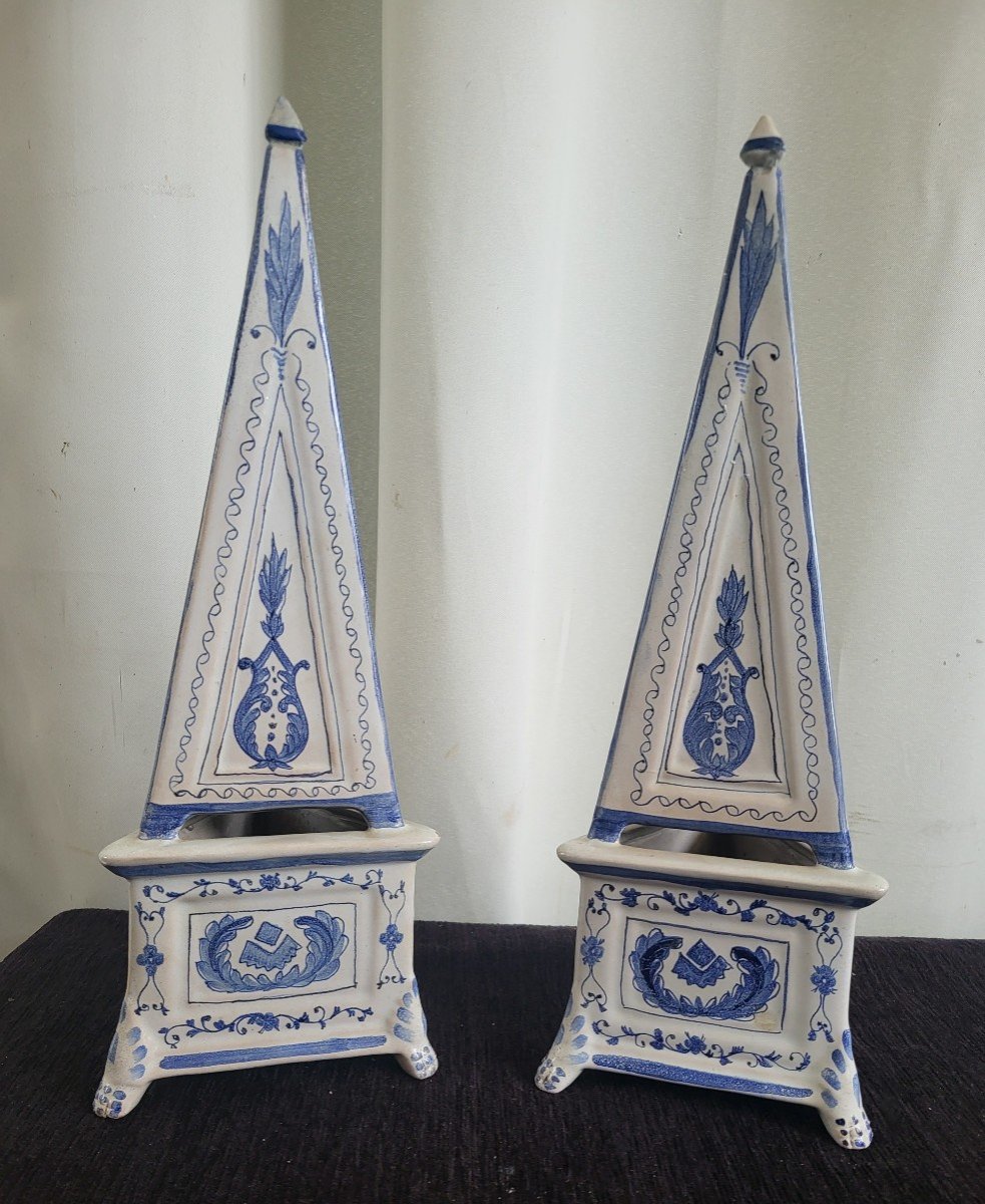 Pair Of Nevers Faience Obelisks, 19th Century, H40cm-photo-3