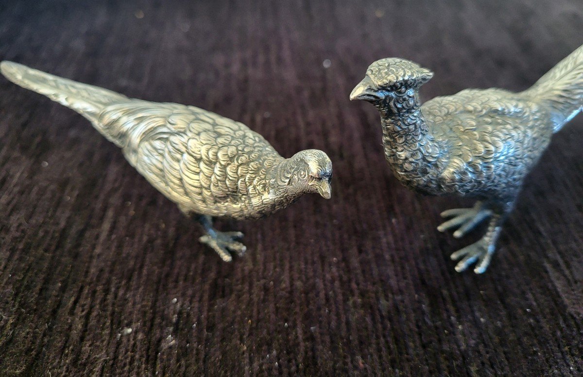 Pair Of 19th Century Silver Pheasant Sculptures -photo-2