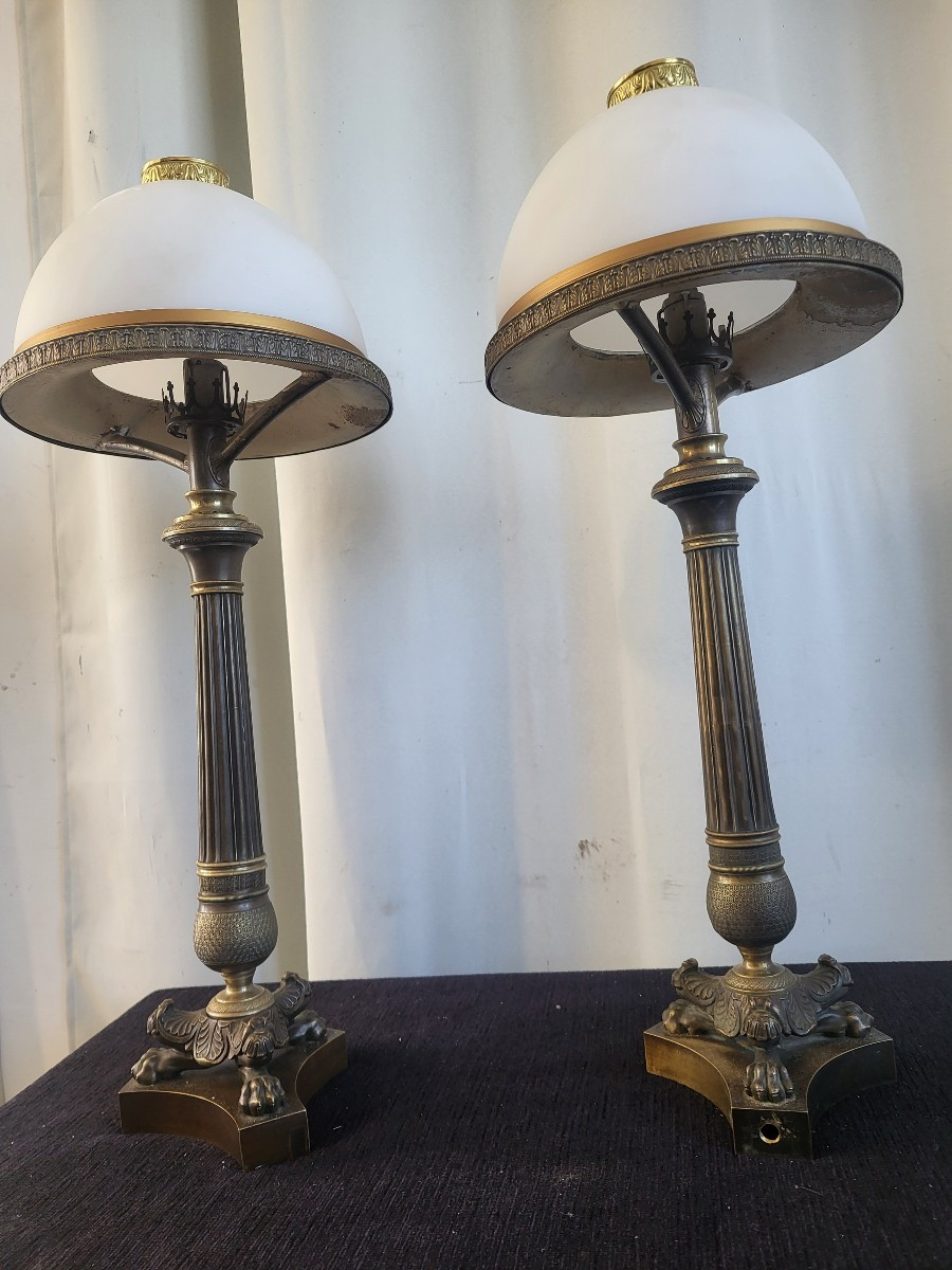 Pair Of Carcel Bronze Lamps, Restoration Period, 19th Century -photo-2