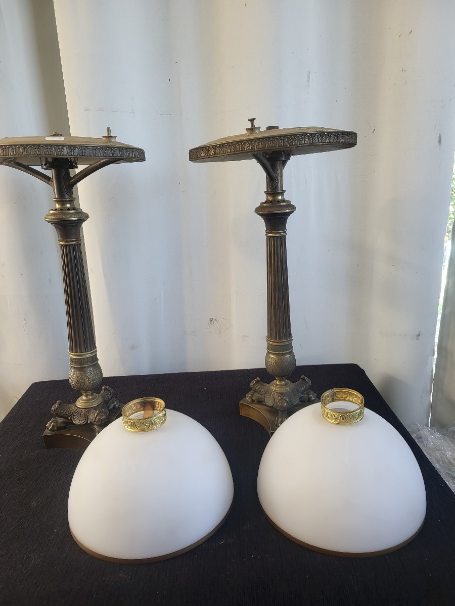 Pair Of Carcel Bronze Lamps, Restoration Period, 19th Century -photo-3