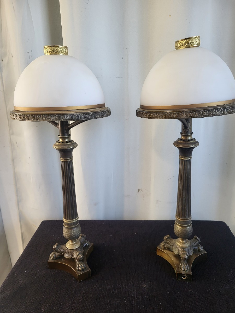 Pair Of Carcel Bronze Lamps, Restoration Period, 19th Century 