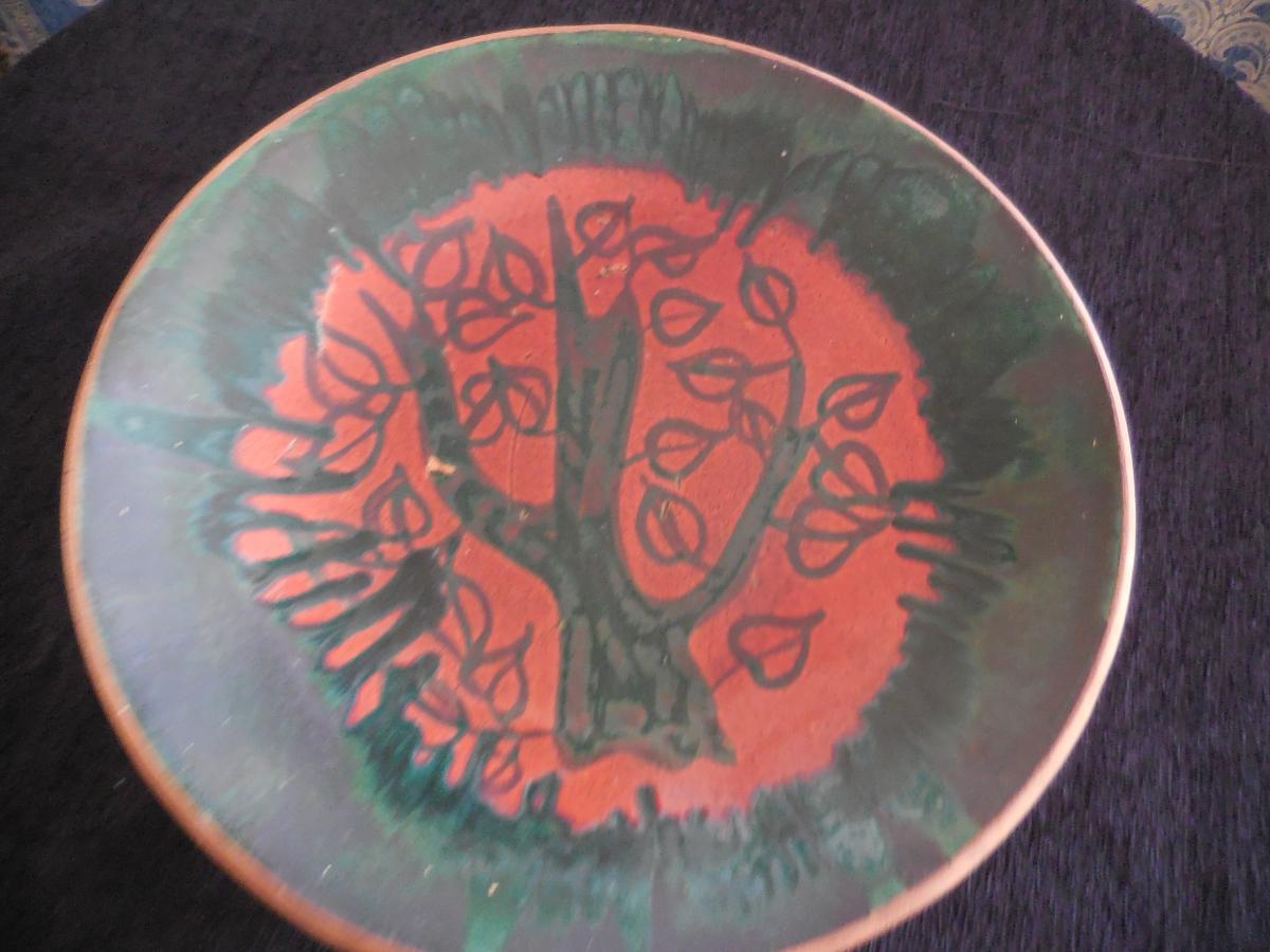 Grand Plat Faience Vallauris Vers 1950 L 'arbre De Vie45cm