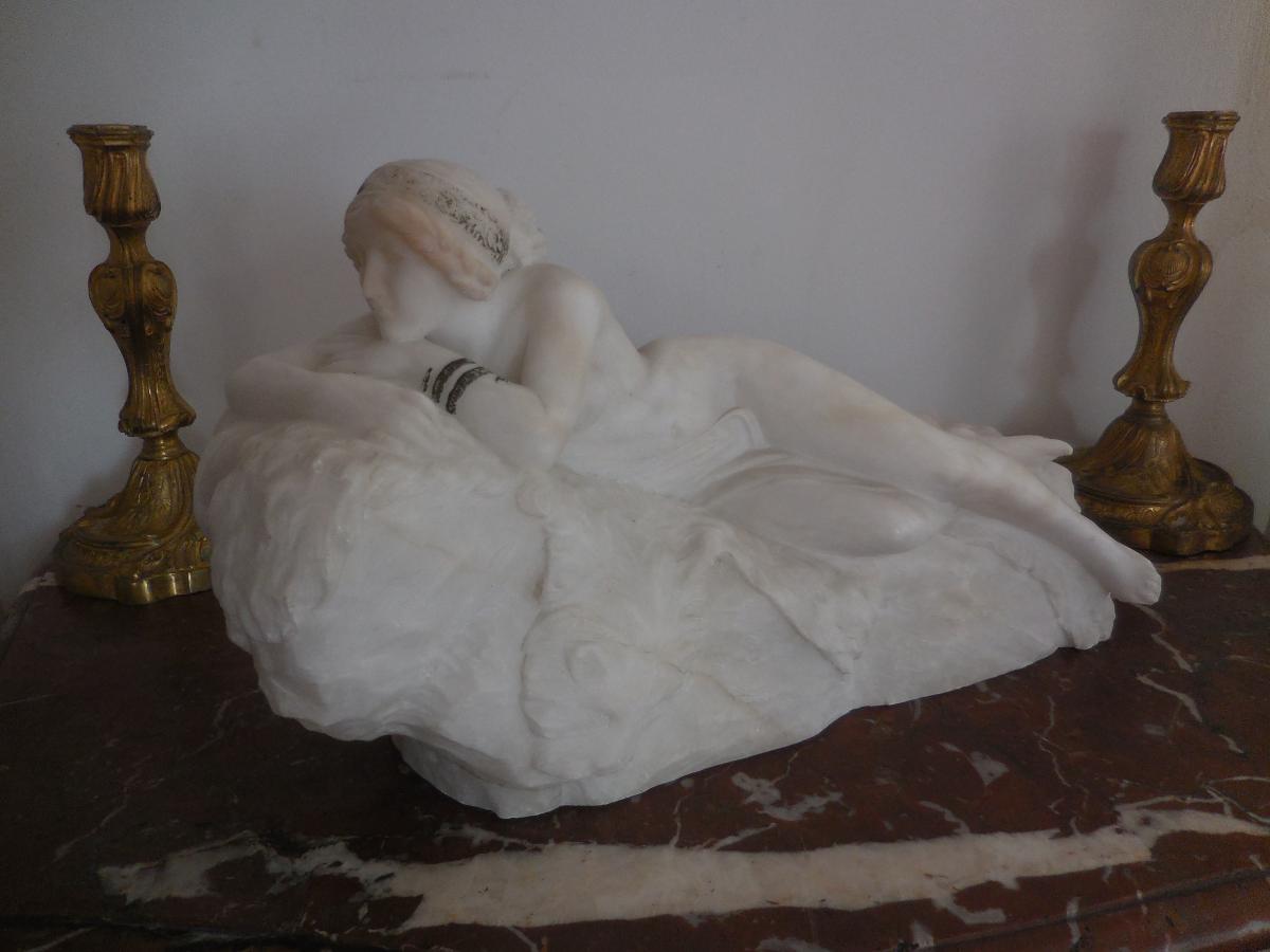 Sculpture White Marble Odalisque Signed Gambogi-photo-6