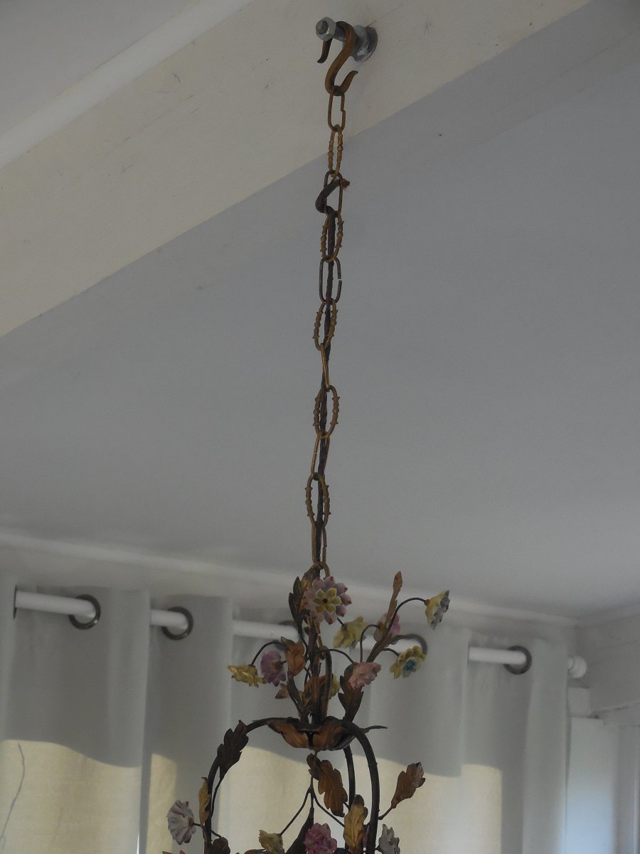 Cage Chandelier Porcelain Flowers And Painted Tole Foliage St Louis XV Th Early XXth Ht 67cm, +-photo-2