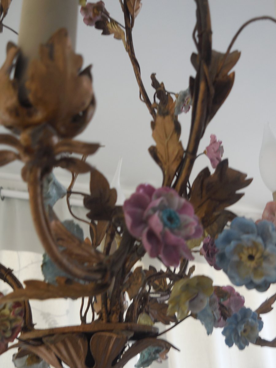 Cage Chandelier Porcelain Flowers And Painted Tole Foliage St Louis XV Th Early XXth Ht 67cm, +-photo-3