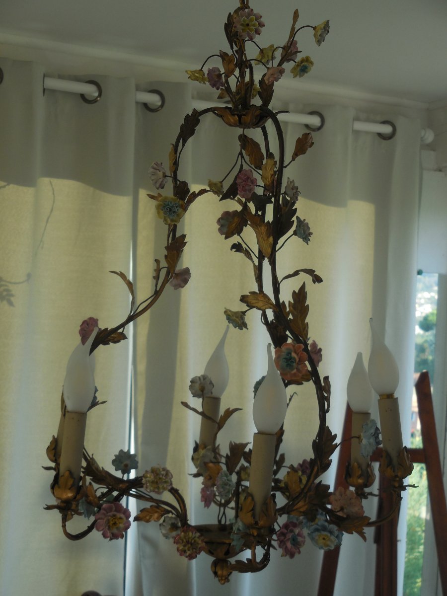 Cage Chandelier Porcelain Flowers And Painted Tole Foliage St Louis XV Th Early XXth Ht 67cm, +-photo-5