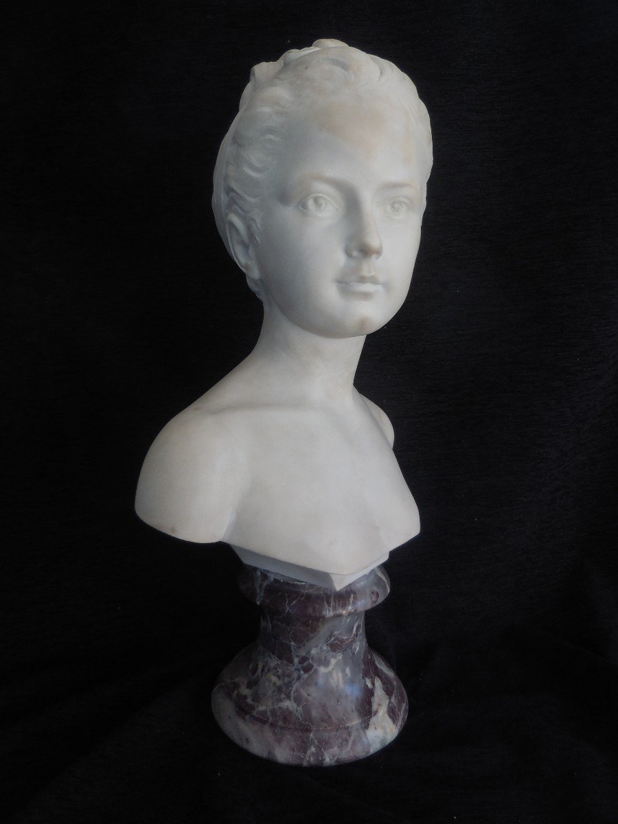 Bust Of Young Girl White Marble On Pedestal Nineteenth Time Sht52cm-photo-3