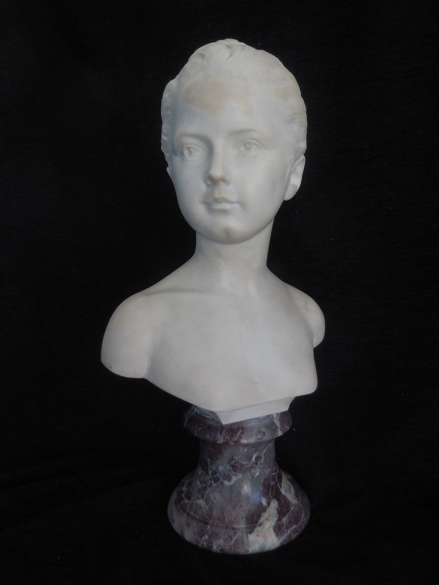 Bust Of Young Girl White Marble On Pedestal Nineteenth Time Sht52cm-photo-4