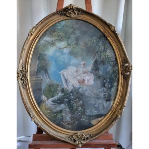 Large Pastel 'l Escarpolette "sv By Jh Fragonard 19th Century Frame H97cm
