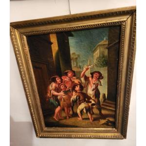 Oil S/t "the Little Street Singers" Ec Italian From The 18th Century 