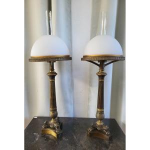 Pair Of Carcel Bronze Lamps Restoration Period H74cm Nineteenth