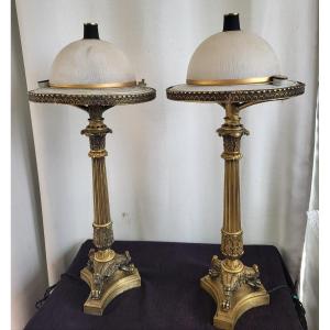 Pair Of Large Gilt Bronze Carcel Lamps Restoration Period Early 19th Century 