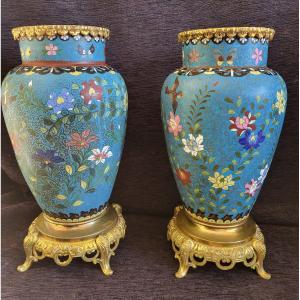 Pair Of Cloisonné Vases China 19th Century Bronze Mount 