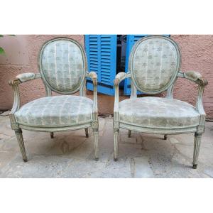 Pair Of Medallion Armchairs Stamped Martin Jullien Louis XVI Period XVIIIth Century 