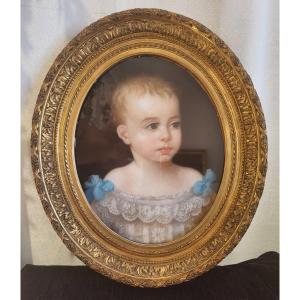 19th Century French School Pastel Portrait Of Young Child Golden Wood Frame 