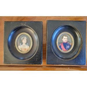 French School 19th Century Napoleon 1st And Josephine Signed Miniatures 