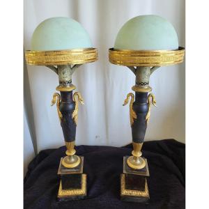 Paire De  Lampes Carcel Bronze Et Tole époque  Empire  Début XIXe Siècle 