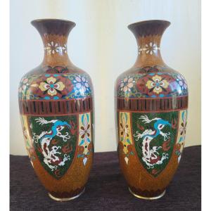 Pair Of Japanese Cloisonné Vases 19th Century H31cm