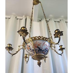 Lustre  Porcelaine  Imari Et Bronze Doré à six  feux époque XIXe siècle 