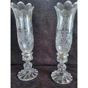 Baccarat Pair Of Engraved Crystal Tealight Holders Very Good Condition