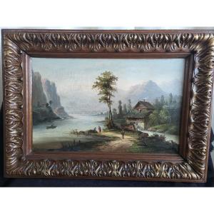 Swiss German School Oil On Canvas Alpine Landscape 19th Century Frame