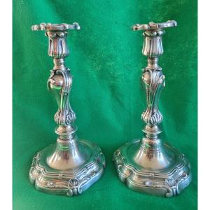 Pair Of Silver-plated Bronze Candlesticks With Crowned "c" Louis XV Period 18th Century 