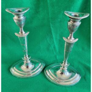 Pair Of Silver-plated Bronze Candlesticks, Directoire Period, 19th Century, H29cm