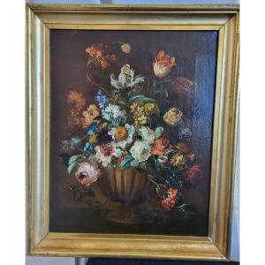 French School Early 19th Century Still Life Of Flowers H/t Frame 