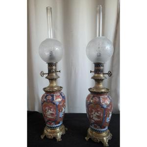 Paire De Lampes Porcelaine  Imari  Monture Bronze  Japon  époque XIXe Siècle 