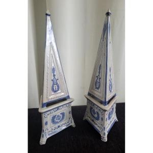 Pair Of Nevers Faience Obelisks, 19th Century, H40cm