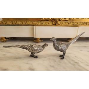 Pair Of 19th Century Silver Pheasant Sculptures 