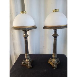 Pair Of Carcel Bronze Lamps, Restoration Period, 19th Century 