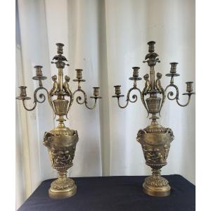 Important Pair Of Gilt Bronze Candelabras Dlg Clodion 19th Century H84cm