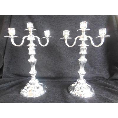 Pair Of Silver Bronze Candelabra With Crowned C Louis XV (1745-1749) Tbe Ht 40cm