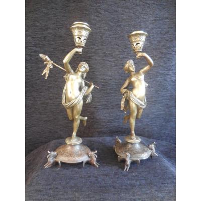 Pair Of Candlesticks With Muses In Bronze By Alfred Daubrée Nineteenth Time