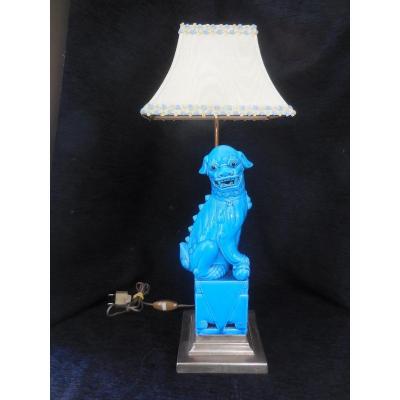 Lampe Sujet Chien De Fo Faience Chine  Monté Bronze XXe