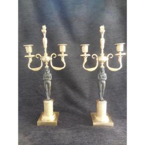 Pair Of Candelabra In Patinated And Gilded Bronze Return From Egypt Empire Period Early Nineteenth