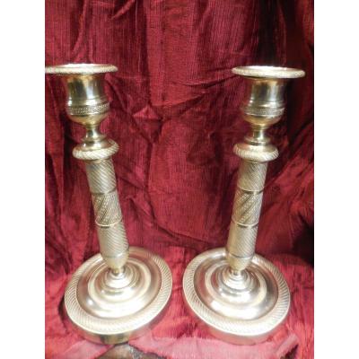 Pair Of Candlesticks Gilt Bronze Restoration Era Nineteenth