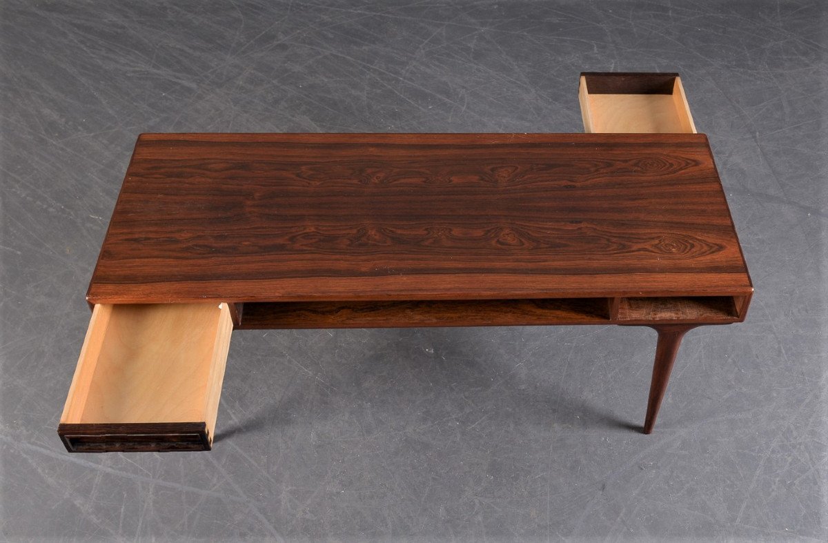 Scandinavian Coffee Table 1960, In Rosewood With Two Drawers And A Niche-photo-4