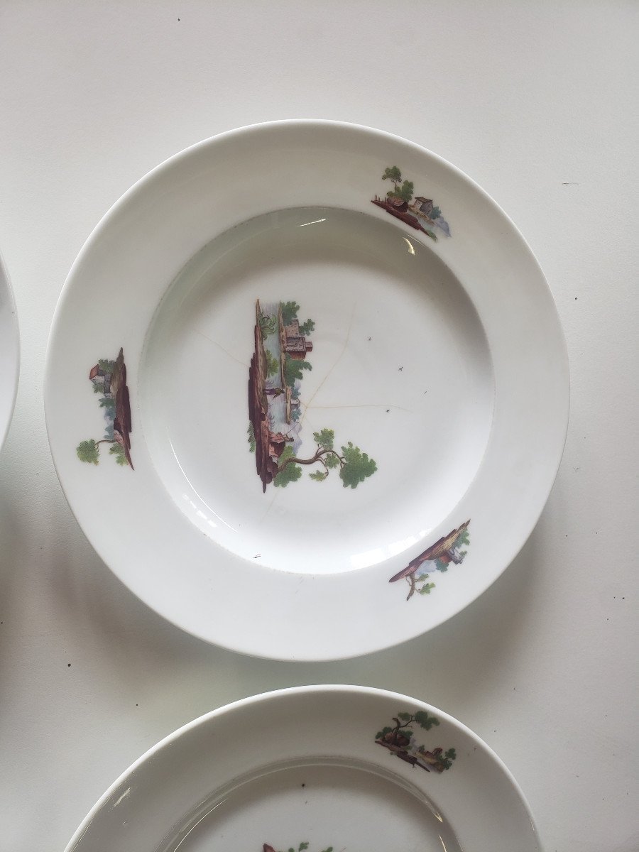 6 Assiettes En Porcelaine De Niderviller, 18ème Siècle Décors De Paysages-photo-2