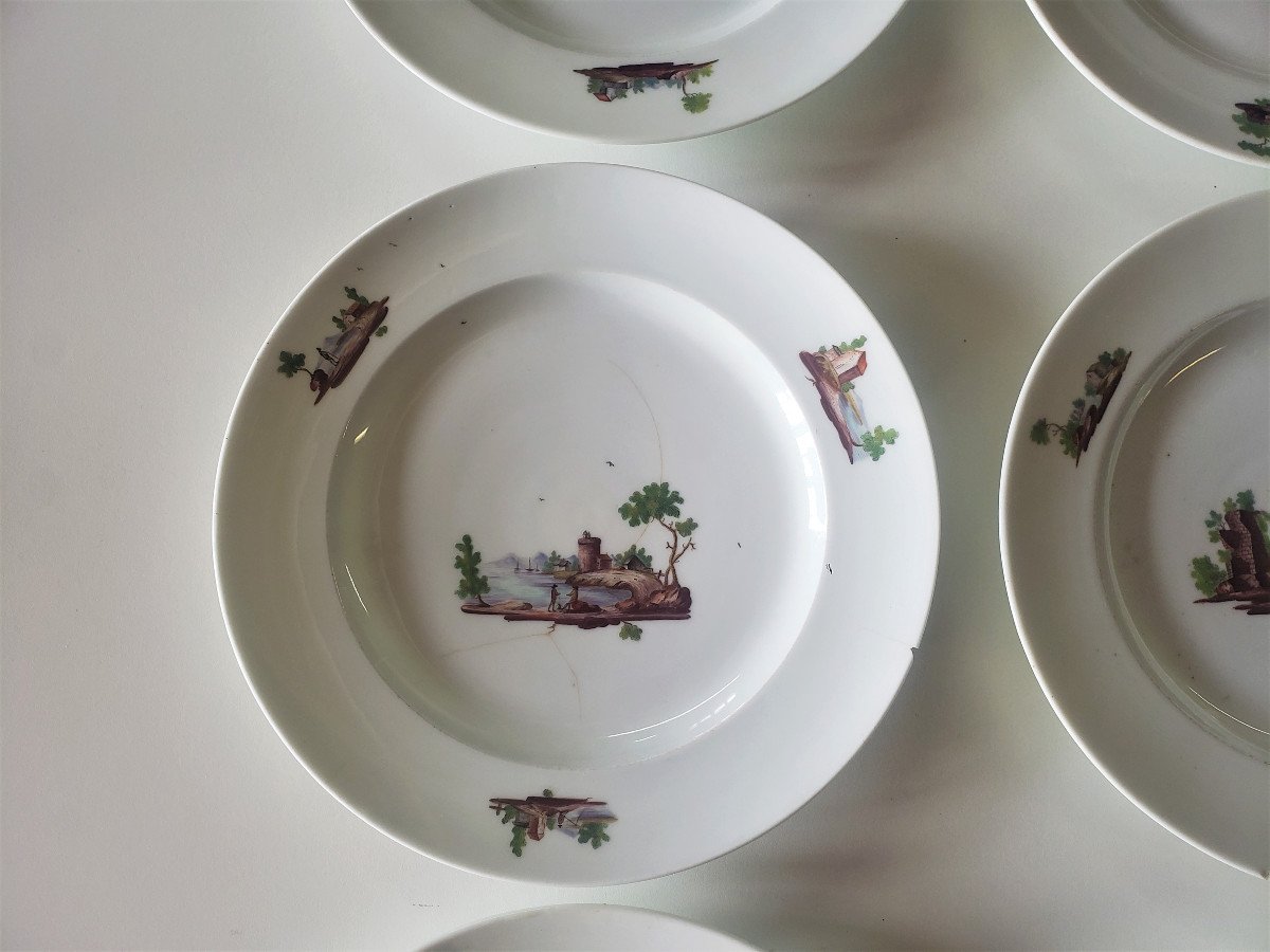 6 Assiettes En Porcelaine De Niderviller, 18ème Siècle Décors De Paysages-photo-3