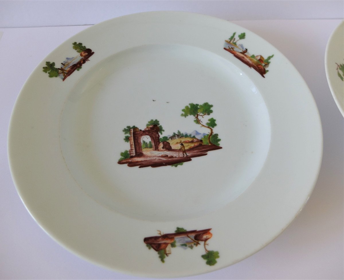 Niderviller 18th Century, 2 Porcelain Plates Decorated With Landscapes-photo-4