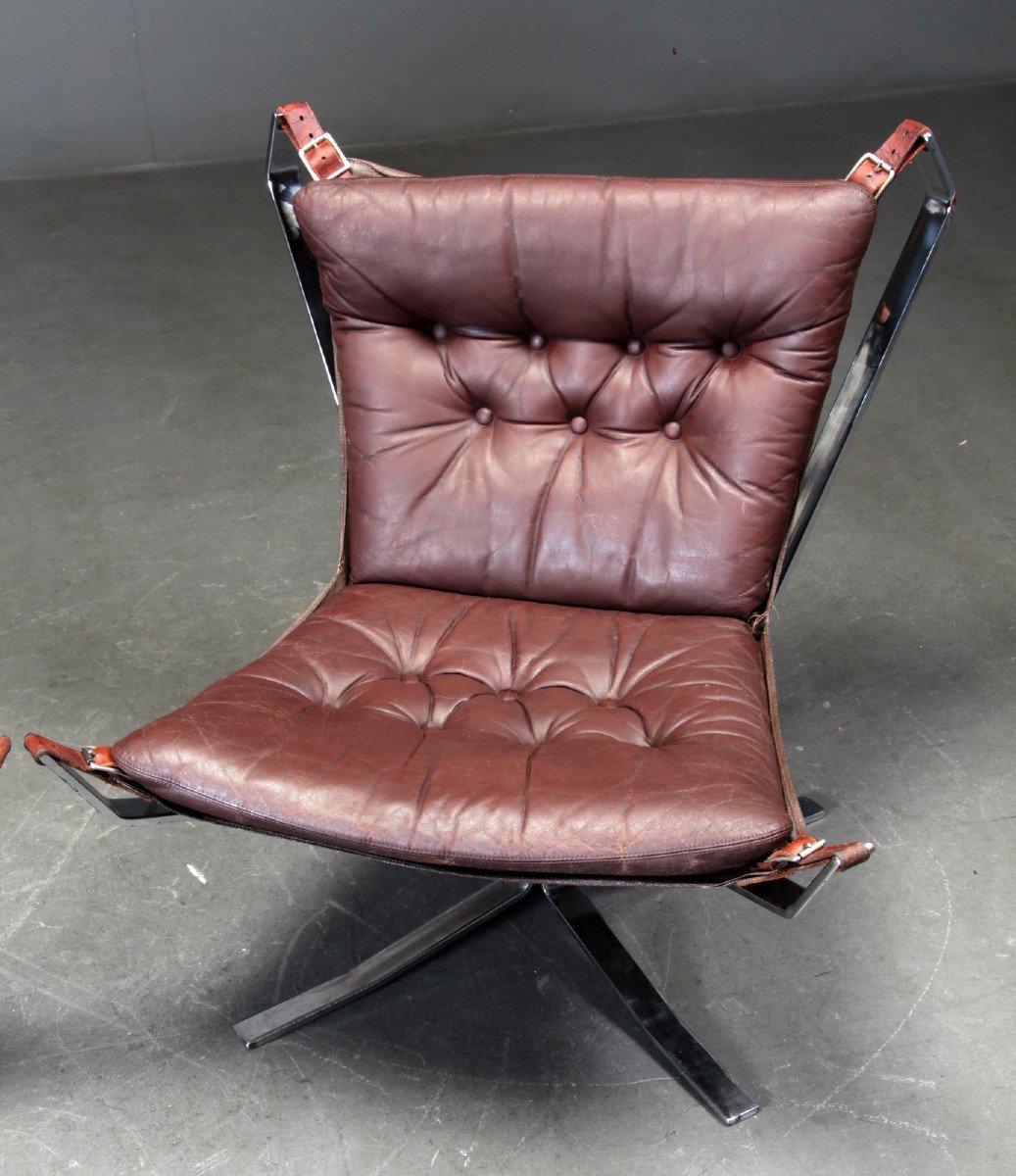 Paire De Fauteuils Falcon De Sigurd Ressel En Cuir Et Structure En Acier,  époque 1970-photo-2