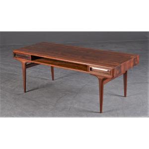 Table Basse Scandinave 1960, En Palissandre à Deux Tiroirs Et Une Niche