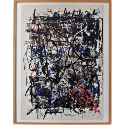 Gouache expressionniste Abstraite Signée Hans Kaiser Et Datée 1963