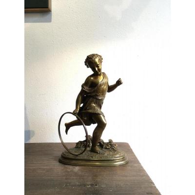 Bronze Subject "child With The Hoop" Signed Duchoiselle