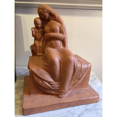 Parayre Henry, Madonna And Child, Plaster Antique Pottery 1926