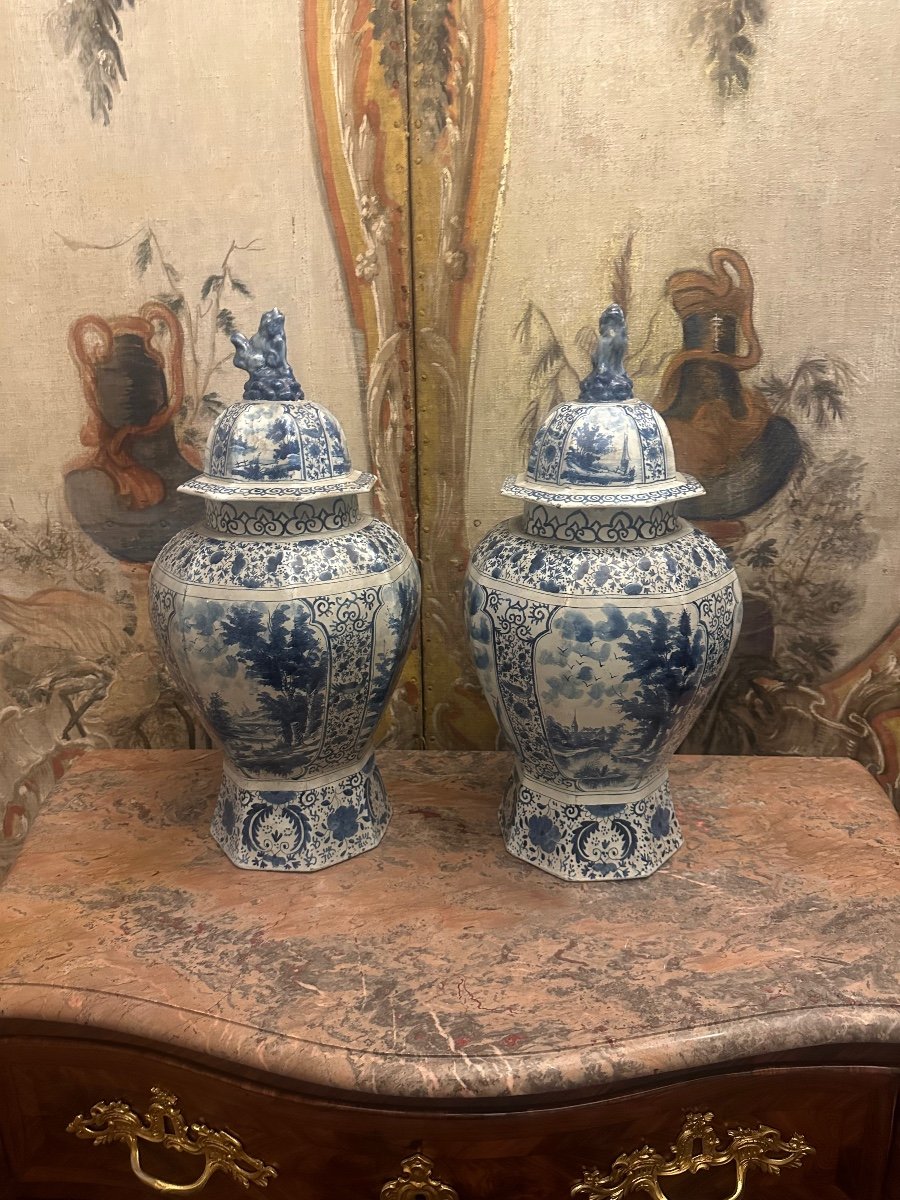 Pair Of Delft Vases, 18th Century-photo-4