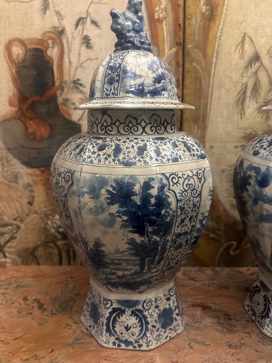 Pair Of Delft Vases, 18th Century-photo-1